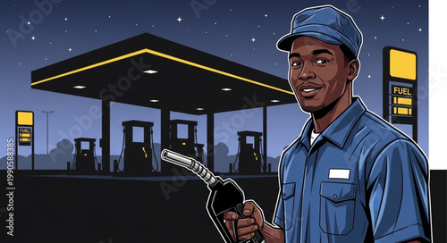 Gas Station Attendant Holding Fuel Nozzle at Night.