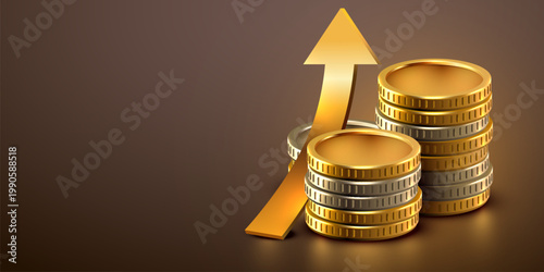 Financial growth illustrated by coins and a rising golden arrow, symbolizing increasing profit and successful investment. Vector illustration.