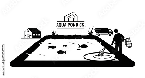 Illustration of a man fishing in a pond with a delivery truck nearby.