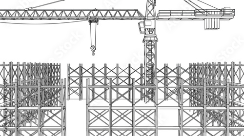 Construction site with tower crane line art illustration, building framework structure and industrial development scene for engineering project concept