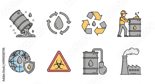 Industrial Icons Representing Pollution and Recycling.