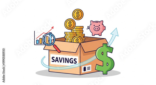 Concept of financial savings and wealth growth with coins in a cardboard box