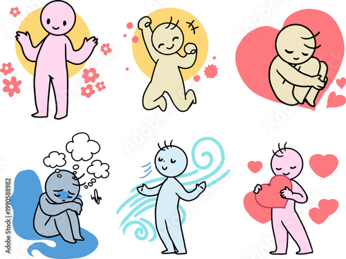 Cartoon Characters Showing Various Emotions. Vector characters expressing different emotions and mental states, Ideal for mental health, emotional intelligence, and self-care themed designs