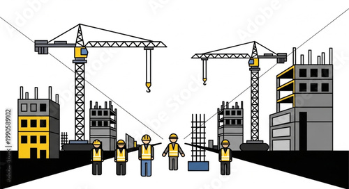 Construction site with cranes and workers illustration.