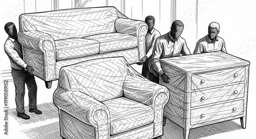 Movers carrying furniture and a dresser during a relocation.