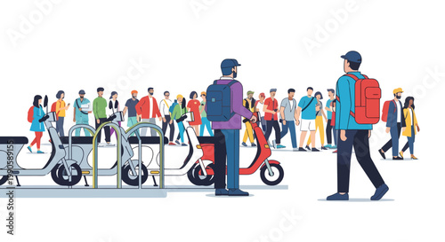 City life illustration with people and scooters in colorful urban setting