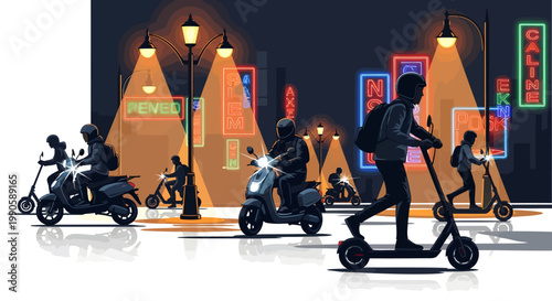 Silhouette of people riding electric scooters and motorcycles at night