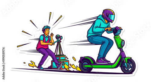 Man riding scooter with cameraman attached on back