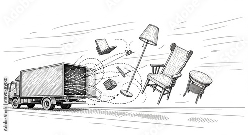 Moving truck with furniture flying out illustration.