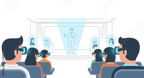 People wearing VR headsets in a cinema or theater watching a virtual presentation