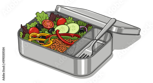 stainless steel lunch box with salad and fork