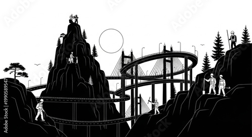 Surreal Rollercoaster Landscape with Silhouetted Figures.