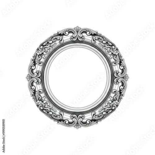 Ornate oval sterling silver picture frame with intricate baroque carvings of acanthus leaves isolated on a white background concept of luxury and elegance