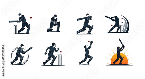 Professional Cricket Sports Icons with Motion Blur and Dynamic Lighting Effects