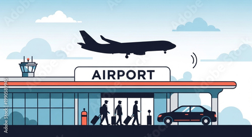 Modern Airport Terminal with Airplane Landing and Travelers Arriving.