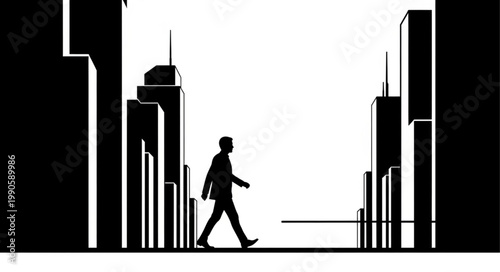 Silhouette of a businessman walking through a stylized cityscape.