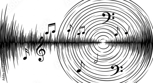 Abstract Sound Wave and Musical Notes Illustration.