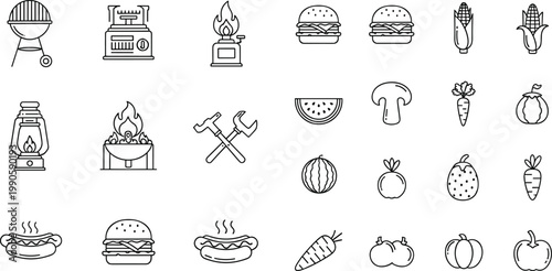Food cooking icons set barbecue burger vegetables kitchen outline vector collection minimal modern meal ingredients symbols design