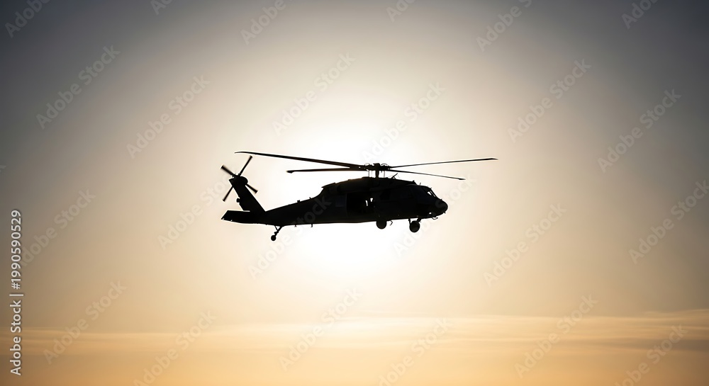 Fototapeta premium Silhouette of military helicopter flying against bright sky at sunset