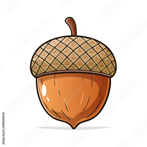 Whimsical illustration of a single, plump acorn with a textured cap and a glossy brown body, set against a clean backdrop.