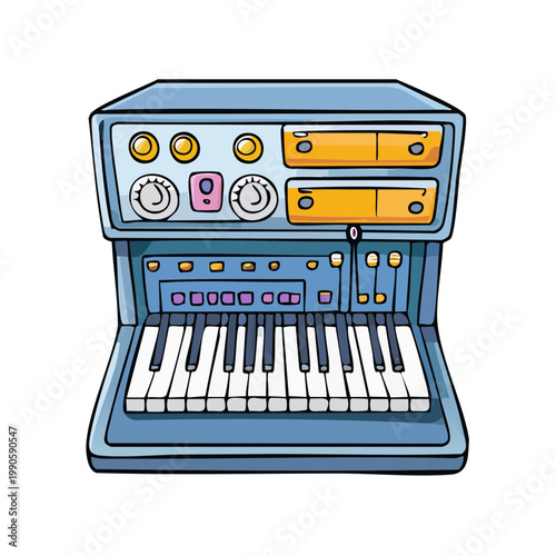 Retro electronic keyboard synthesizer with knobs and buttons for music creation