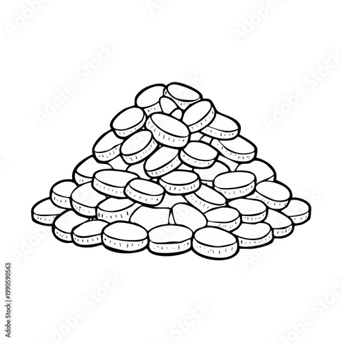 Illustration of a pile of round pills or tablets, black and white sketch
