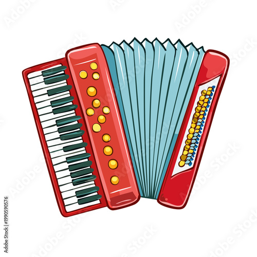 Bright Red Accordion Musical Instrument with Piano Keyboard and Bellows
