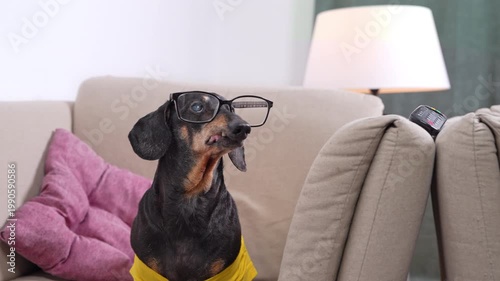 An elderly dachshund wearing black glasses and a yellow sweater sits on a beige sofa indoors looking from side to side, a funny portrait of an intelligent breed, a smart pet's lifestyle