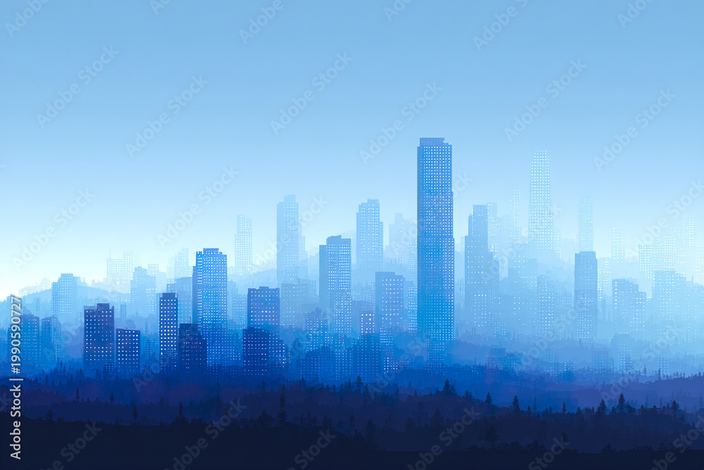 Fototapeta premium City skyline silhouette with layered buildings in blue tones above forest, creating calm and misty urban atmosphere at dawn or dusk