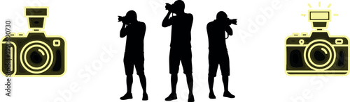 Professional Photographer Silhouette Vector Set and Camera Icons with Flash and Lens Details for Photography Studio Branding, Press Media, and Artistic Creative Design ProjectsProfessional Photographe