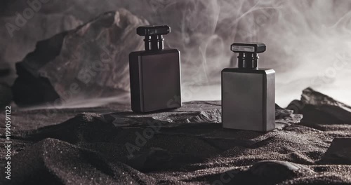 Sophisticated blue perfume surrounded by harsh volcanic desert.