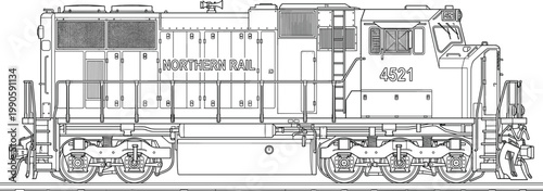 Diesel locomotive train line art illustration, detailed railway engine side view with industrial transport design for freight and cargo transportation concept