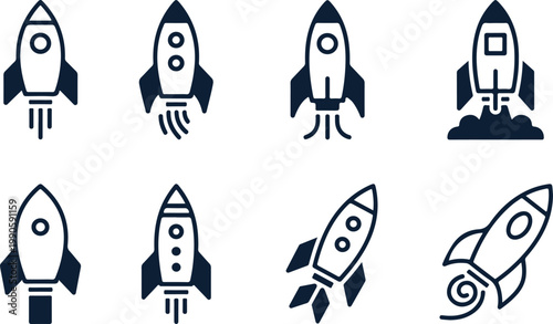 Collection of eight stylized dark blue rocket ship on a white background, depicting various launch and flight stages