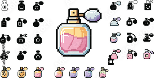 Pixel art perfume bottles and fragrance icons