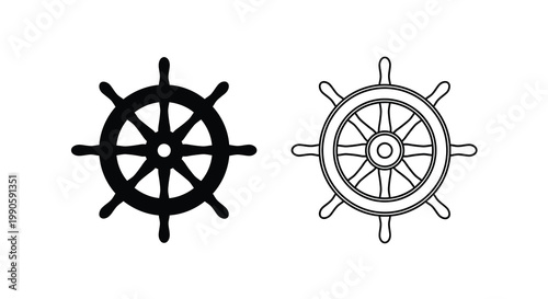 Two ship wheels one filled and one outline black and white silhouette