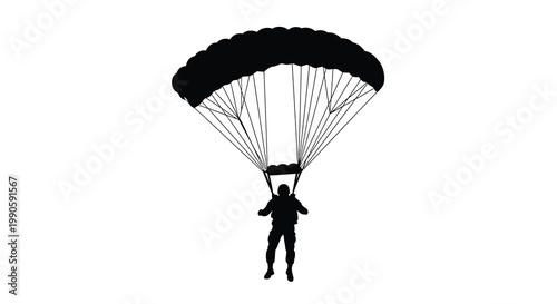A skydiver descends with a fully opened parachute black silhouette