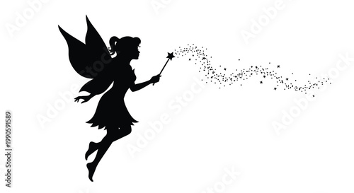 A magical fairy in flight casting a spell black silhouette