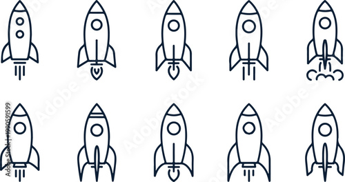 Collection of ten stylized rocket ship in dark blue outline on a white background, depicting various stages of launch and variations