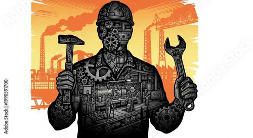 Mechanical Man Holding Tools in Industrial Setting.