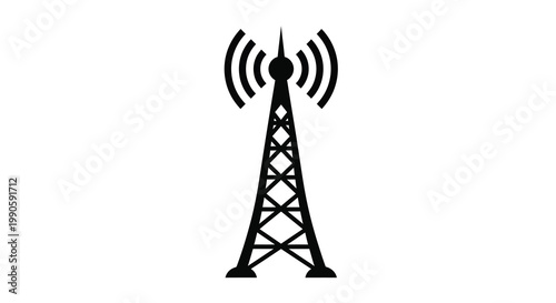 Black radio tower illustration against a white background a bold silhouette