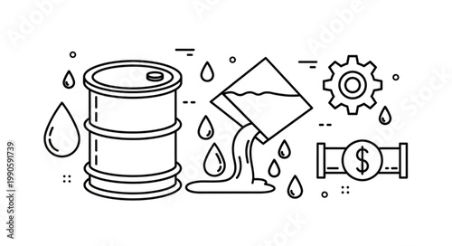 Oil barrel pouring liquid with pipeline and gear icon.