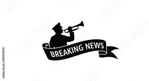 A newsboy playing trumpet with a breaking news banner silhouette