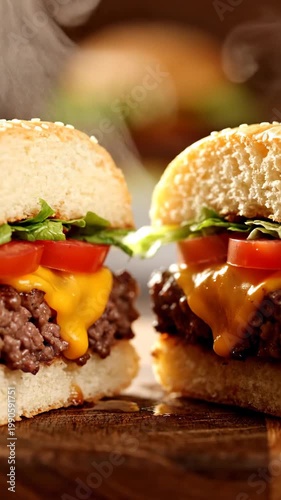 Close up of two juicy Cheeseburgers with dripping cheese, tomatoes, and lettuce.