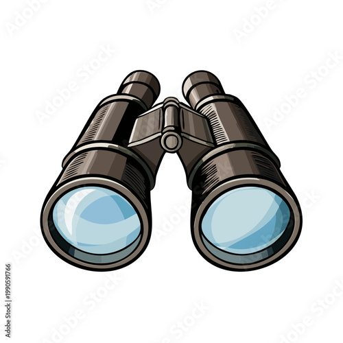 Detailed illustration of antique binoculars with reflective lenses on a white background.