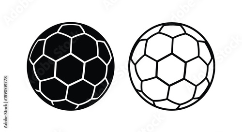 Two soccer balls depicted in a striking black silhouette