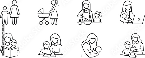 Motherhood and parenting line icons set. The set uses a consistent thin-line aesthetic with faceless silhouettes, making them ideal for lifestyle blogs, healthcare brochures.