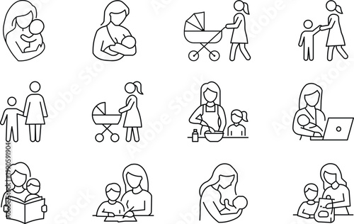 Motherhood and childcare line icon set. The set uses a consistent thin-line aesthetic with faceless silhouettes, making them highly versatile for parenting blogs, healthcare brochures.