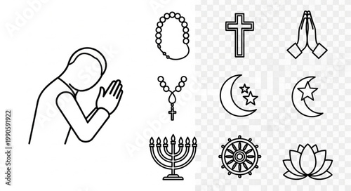 Collection of religious symbols and praying person illustration.