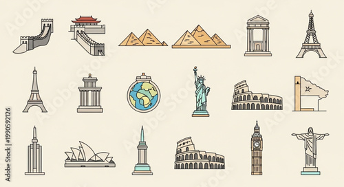 Collection of Famous World Landmarks and Monuments.