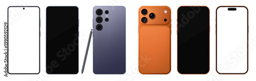 Fotografie Detailed purple and orange mobile phone mockup pack with stylus
